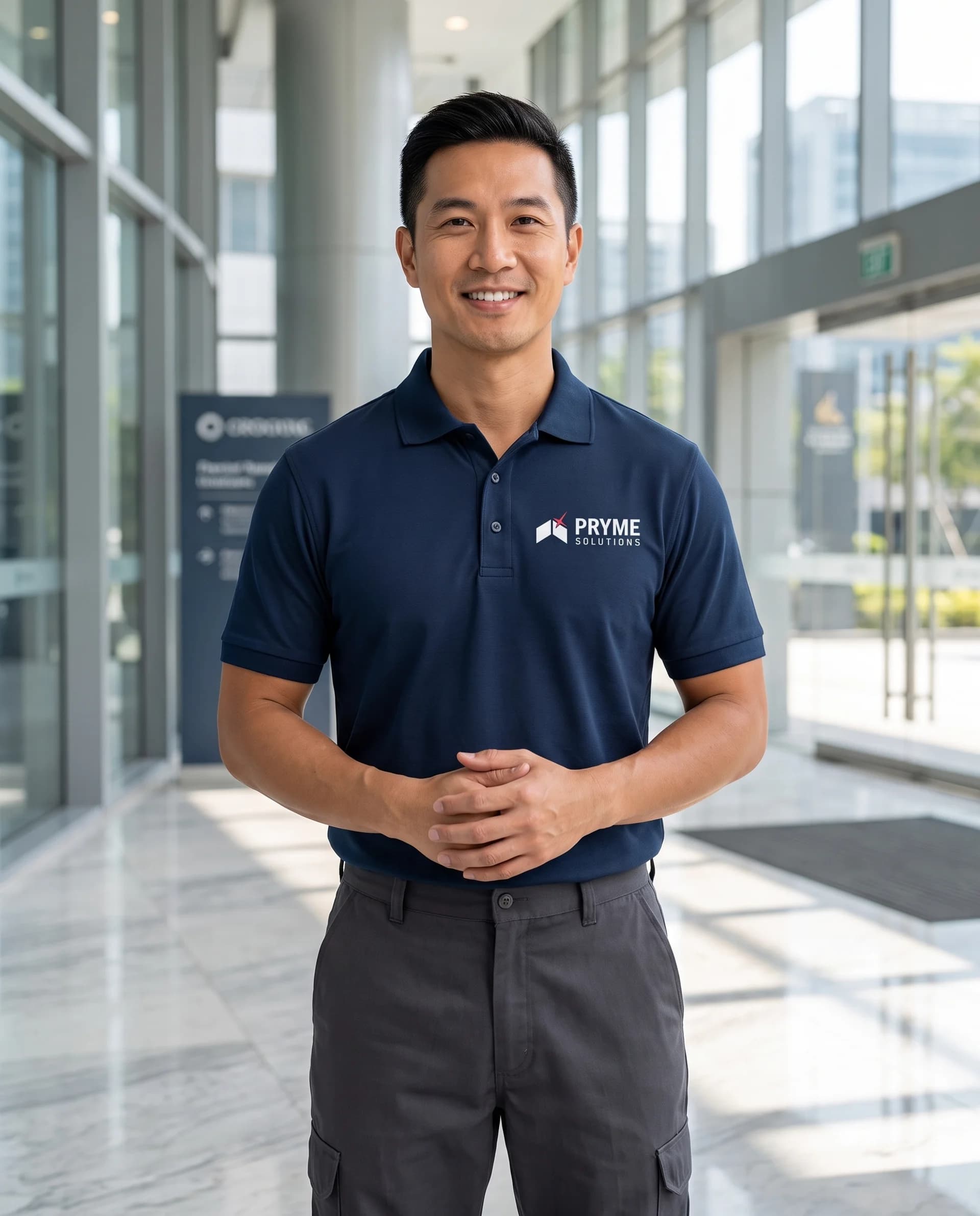 Pryme Solution cleaning technician cleaning a glass office wall